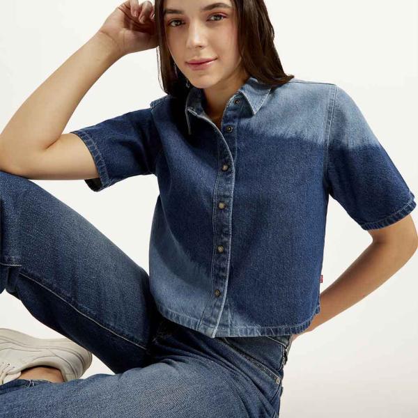 Women's Colorblock Spread Collar Denim Shirt