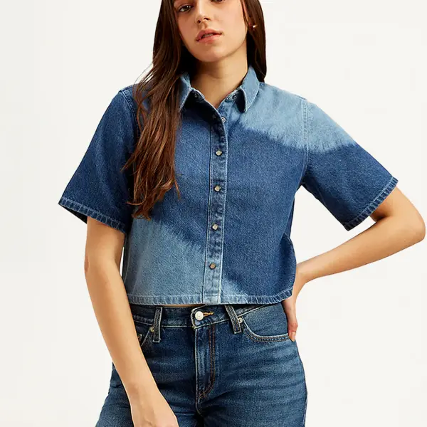 Women's Colorblock Spread Collar Denim Shirt