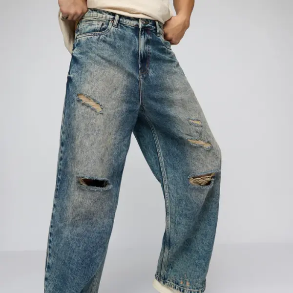 mid blue mayhem ripped men's wide leg jeans
