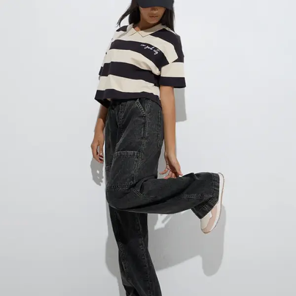 Kids Black Striped Cotton Polo T-Shirt