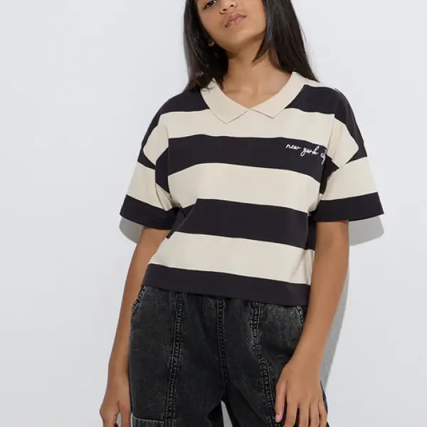 Kids Black Striped Cotton Polo T-Shirt