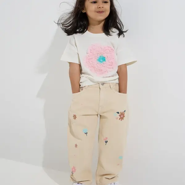 Kids Beige Embroidered Relaxed-Fit Mid-Rise Jeans