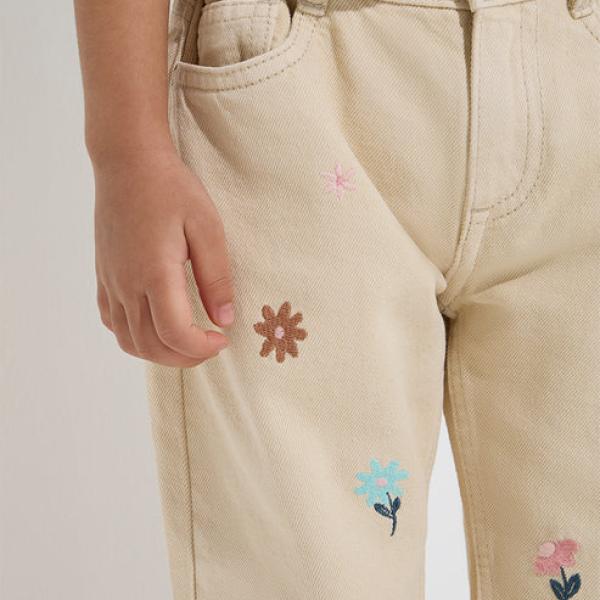 Kids Beige Embroidered Relaxed-Fit Mid-Rise Jeans