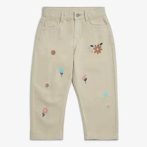 Kids Beige Embroidered Relaxed-Fit Mid-Rise Jeans