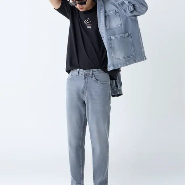 Grey Washed Slim-Fit Mid-Rise Jeans