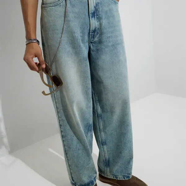 Light Blue Washed Barrel-Fit Mid-Rise Jeans