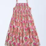 Kids Pink Foliage Detailed Tiered Dress - (8-14yrs)