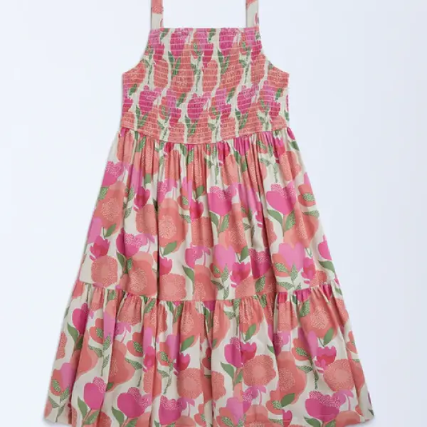Kids Pink Foliage Detailed Tiered Dress - (8-14yrs)