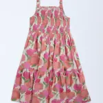 Kids Pink Foliage Detailed Tiered Dress - (8-14yrs)