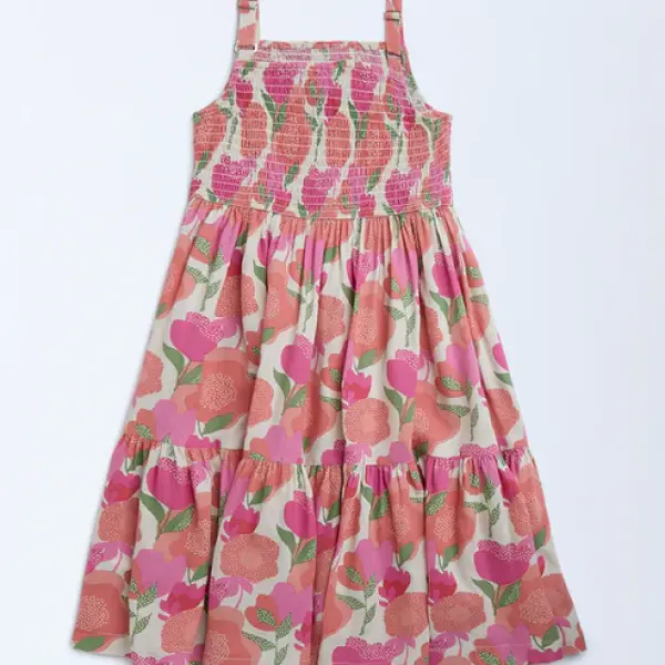 Kids Pink Foliage Detailed Tiered Dress - (8-14yrs)