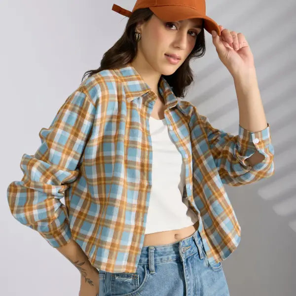 Women's Checked Blue Spread Collar Oversized Shirts