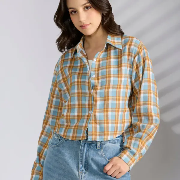 Women's Checked Blue Spread Collar Oversized Shirts