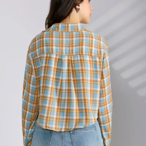Women's Checked Blue Spread Collar Oversized Shirts