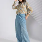 Women's Checked Blue Spread Collar Oversized Shirts