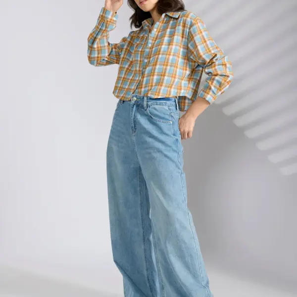 Women's Checked Blue Spread Collar Oversized Shirts