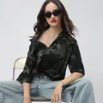 Women's Printed Black Spread Collar Relaxed Fit Shirts