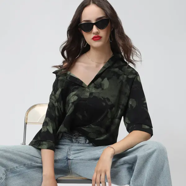 Women's Printed Black Spread Collar Relaxed Fit Shirts