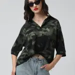 Women's Printed Black Spread Collar Relaxed Fit Shirts