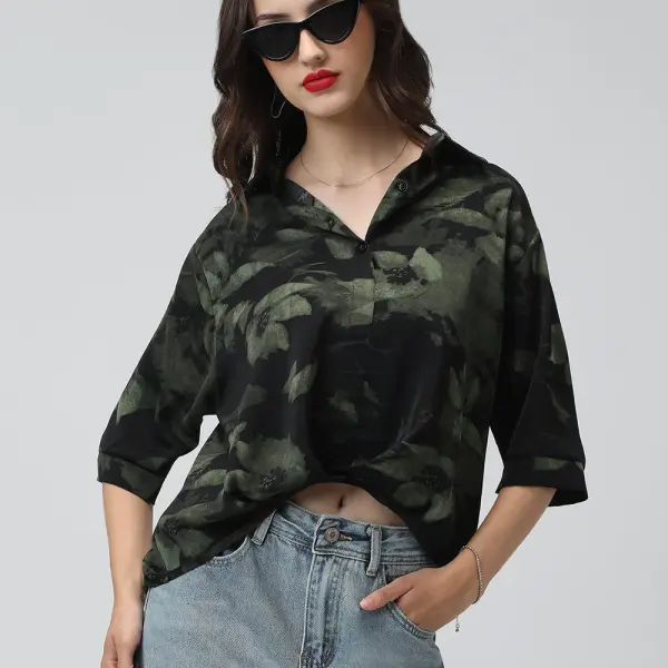 Women's Printed Black Spread Collar Relaxed Fit Shirts