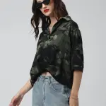 Women's Printed Black Spread Collar Relaxed Fit Shirts