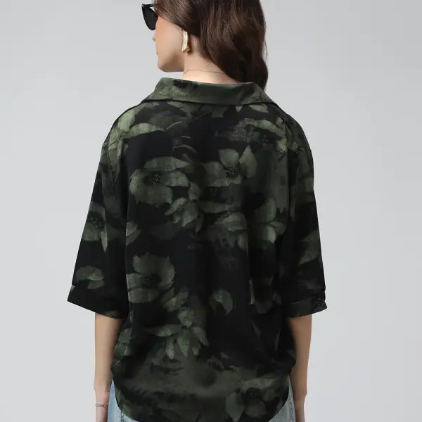 Women's Printed Black Spread Collar Relaxed Fit Shirts