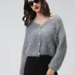 Women's Ribbed Grey V-Neck Cardigan