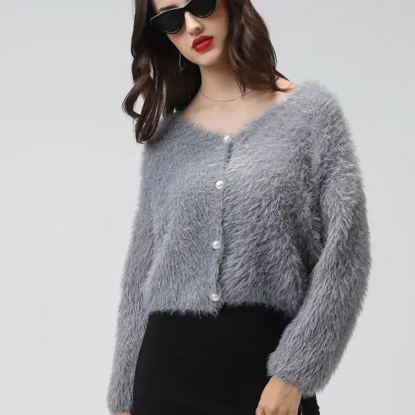 Women's Ribbed Grey V-Neck Cardigan