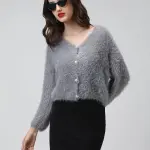 Women's Ribbed Grey V-Neck Cardigan