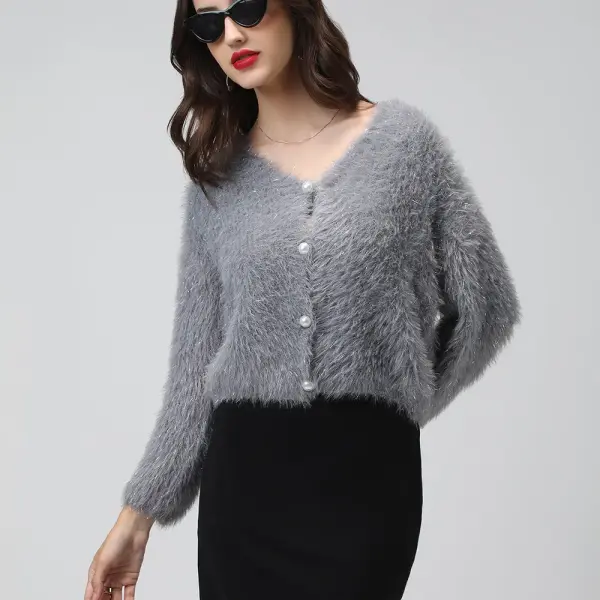 Women's Ribbed Grey V-Neck Cardigan