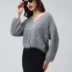 Women's Ribbed Grey V-Neck Cardigan