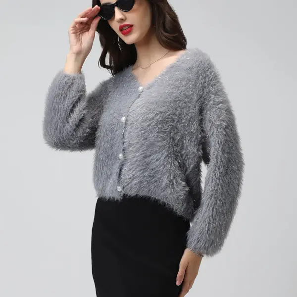 Women's Ribbed Grey V-Neck Cardigan