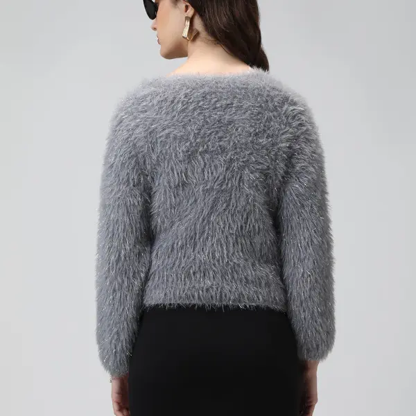 Women's Ribbed Grey V-Neck Cardigan