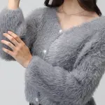 Women's Ribbed Grey V-Neck Cardigan