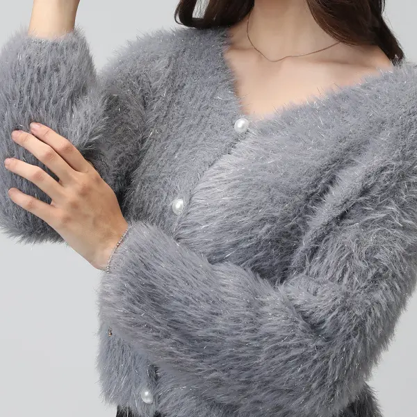 Women's Ribbed Grey V-Neck Cardigan