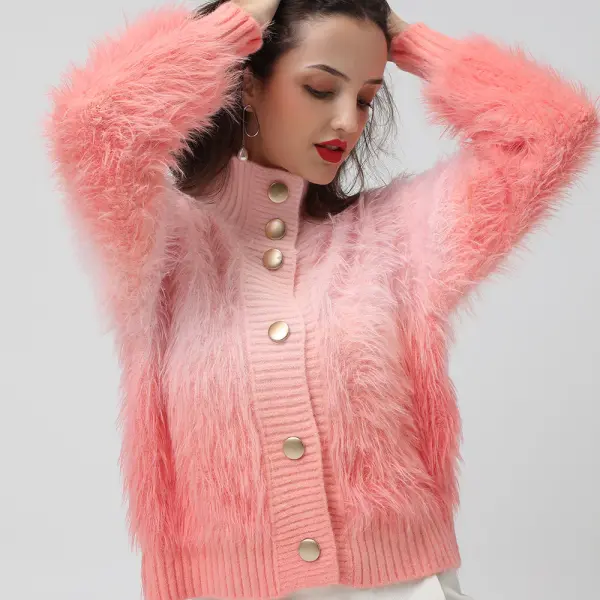 Women's Ribbed Ombre Pink High Neck Cardigan