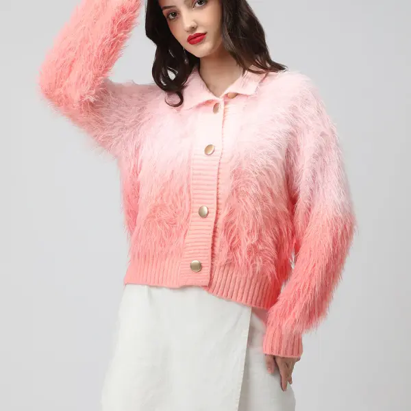 Women's Ribbed Ombre Pink High Neck Cardigan