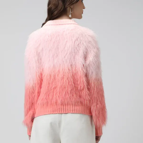 Women's Ribbed Ombre Pink High Neck Cardigan