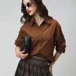 Women's Brown Spread Collar Relaxed Fit Shirts