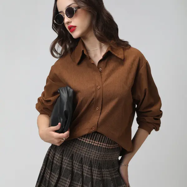 Women's Brown Spread Collar Relaxed Fit Shirts