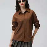 Women's Brown Spread Collar Relaxed Fit Shirts