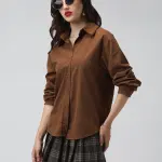Women's Brown Spread Collar Relaxed Fit Shirts