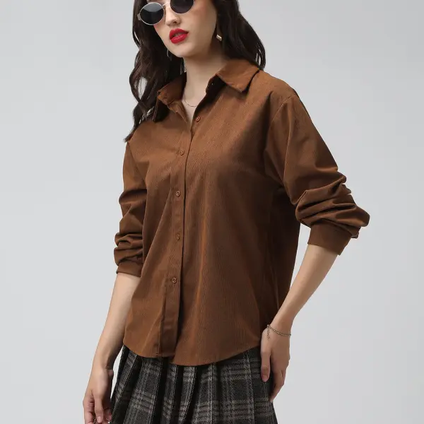 Women's Brown Spread Collar Relaxed Fit Shirts