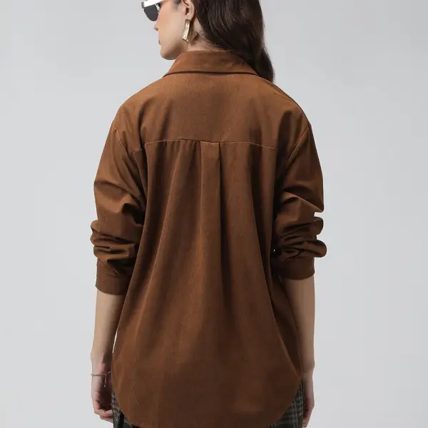 Women's Brown Spread Collar Relaxed Fit Shirts