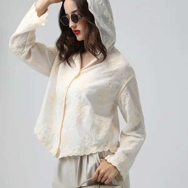 Women's Floral Cream Hooded Relaxed Fit Semi Sheer Shirt