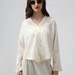 Women's Floral Cream Hooded Relaxed Fit Semi Sheer Shirt