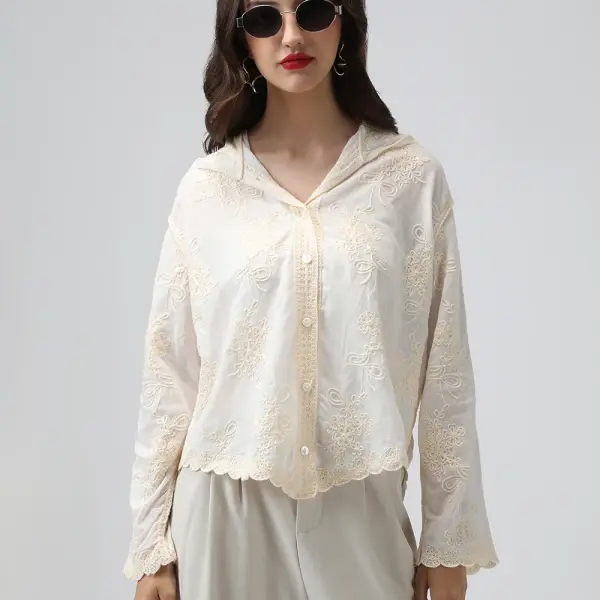 Women's Floral Cream Hooded Relaxed Fit Semi Sheer Shirt