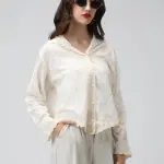 Women's Floral Cream Hooded Relaxed Fit Semi Sheer Shirt