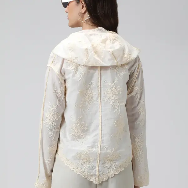Women's Floral Cream Hooded Relaxed Fit Semi Sheer Shirt