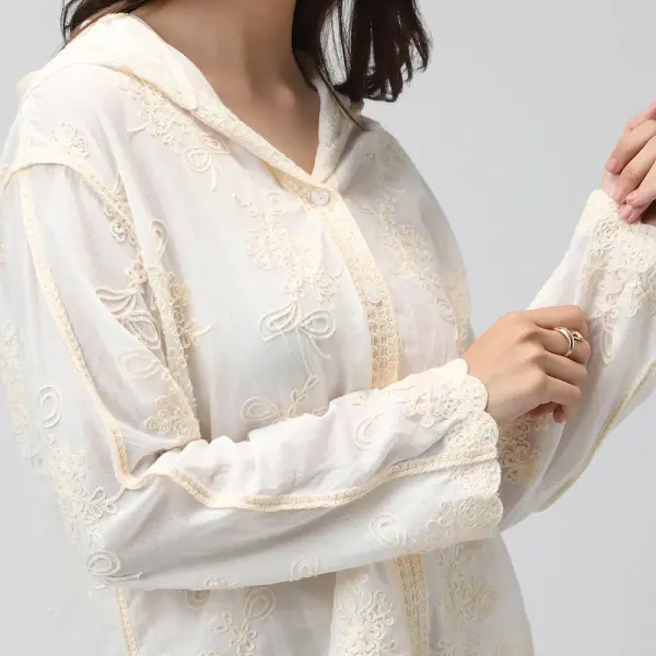 Women's Floral Cream Hooded Relaxed Fit Semi Sheer Shirt