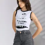 Women's Abstract White Sleeveless Tank Top